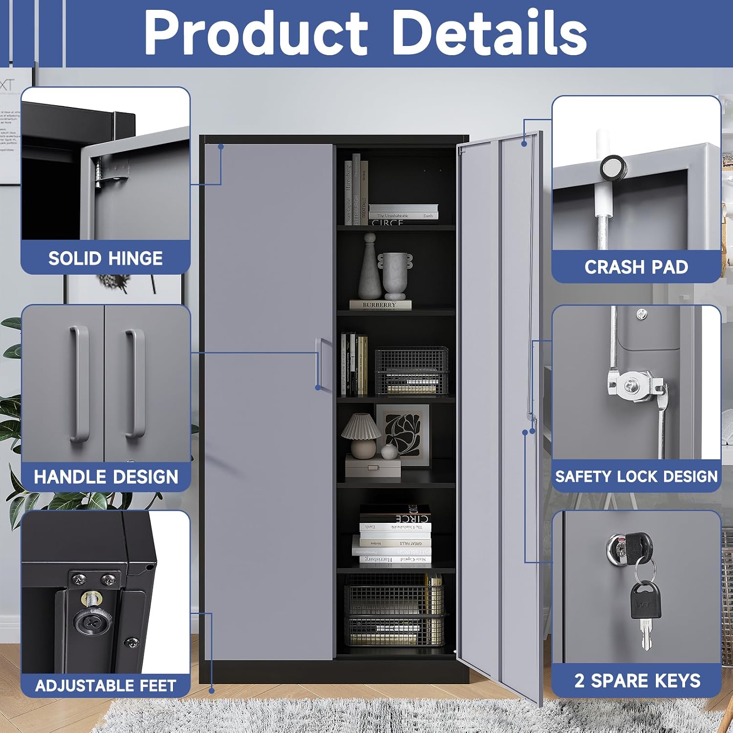 Metal Garage Storage Cabinet, 71/ inchs Locking Storage Cabinet with 2 Doors and 4 Adjustable Shelves, Lockable Metal Cabinet for Office,Home,Garage,Gym,School（Gray Black） SC9005D