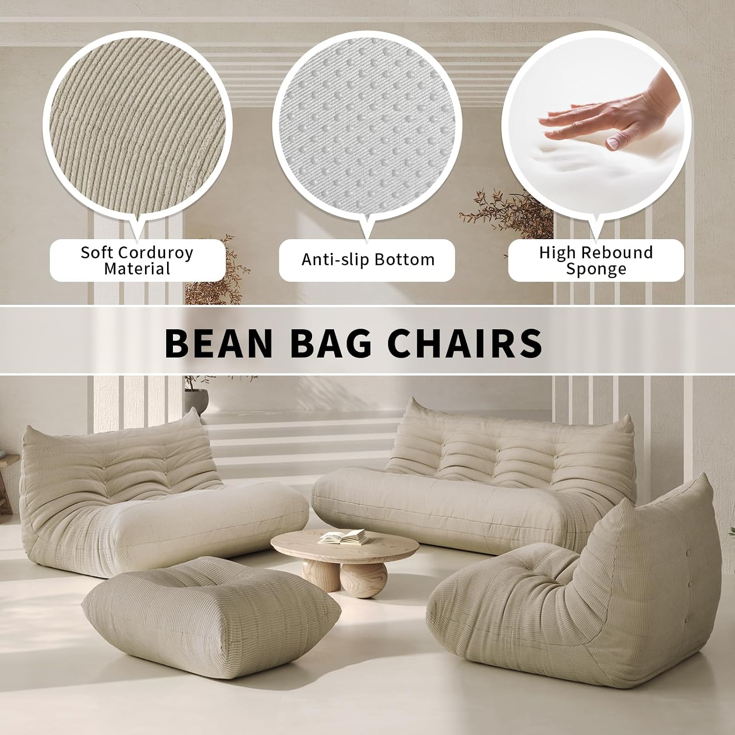 Bean Bag Chair for Adults,Oversize Bean Bag Sofa - Adult Size with Corduroy Soft Fabric for Living Room Lazy Sofas, Apartments, Reading Corner, Gaming, and Movie Venue,Light Grey