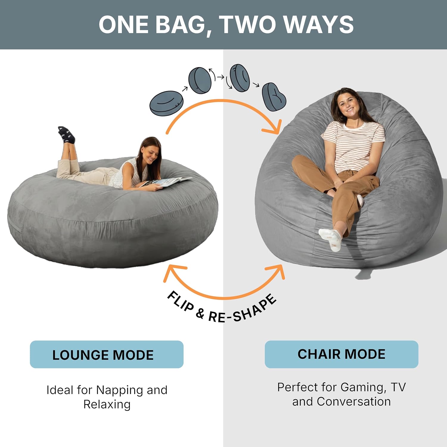 Jaxx 6 Foot Cocoon - 2-in-1 Convertible Bean Bag Bed & Large Bean Bag Chair for Adults, Platinum