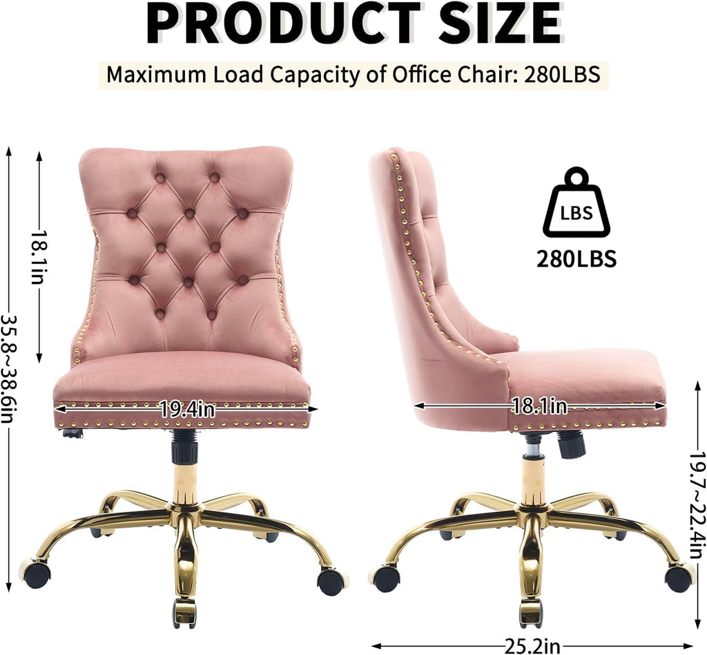 Pink Velvet Home Office Desk Chair with Wheels & Gold Base, Comfy Makeup Vanity Chair with Tufted Back for Women Girls, Upholstered Adjustable Swivel Armless Office Chair for Bedroom, Pink