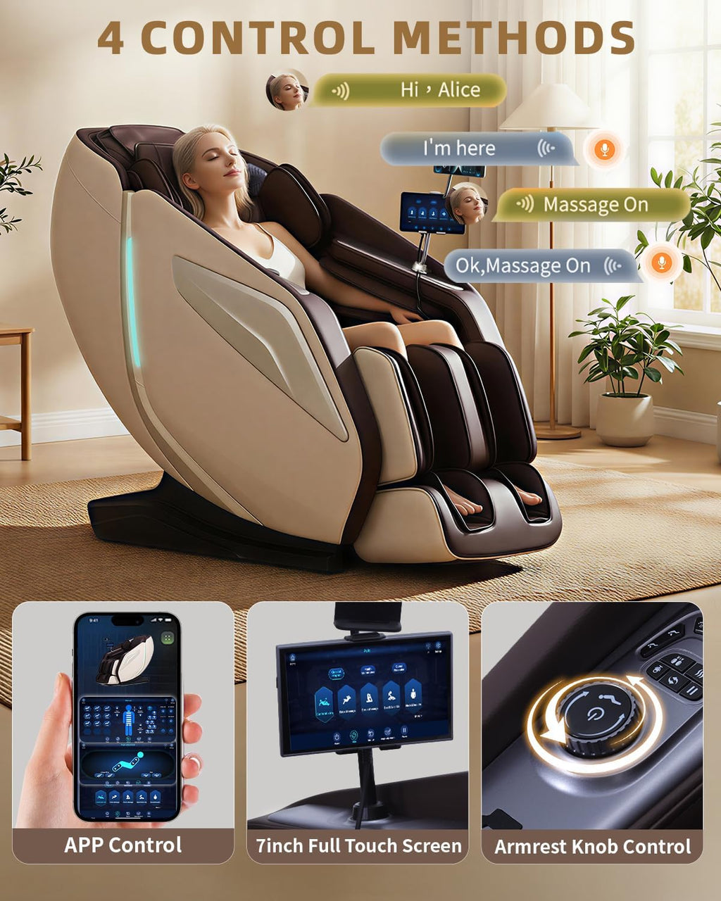 Full Body Zero Gravity Massage Chair with Body Scan 4D Intelligent Shiatsu Strecth Massage, Back/Leg Heated with AI Voice Control Bluetooth Speaker Airbags SL Track Massage Coffee