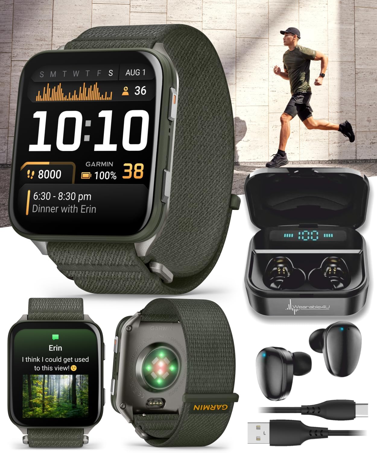 Garmin Venu X1 Thin and Lightweight GPS Smartwatch, AMOLED Display, Moss with Titanium Caseback and Moss ComfortFit Nylon Band Black Earbuds Bundle