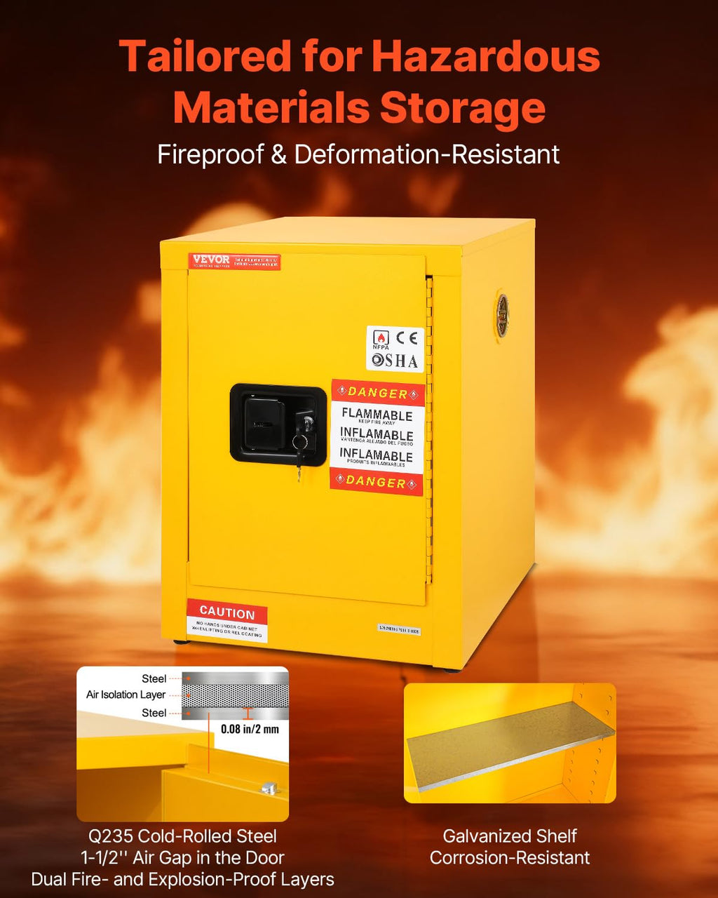 VEVOR Flammable Cabinet 17' x 17' x 22', 12 GalCold-Rolled Steel Flammable Liquid Storage Cabinet, Explosion Proof with 1 Adjustable Shelf 1 Door for Commercial Industrial Use, Yellow
