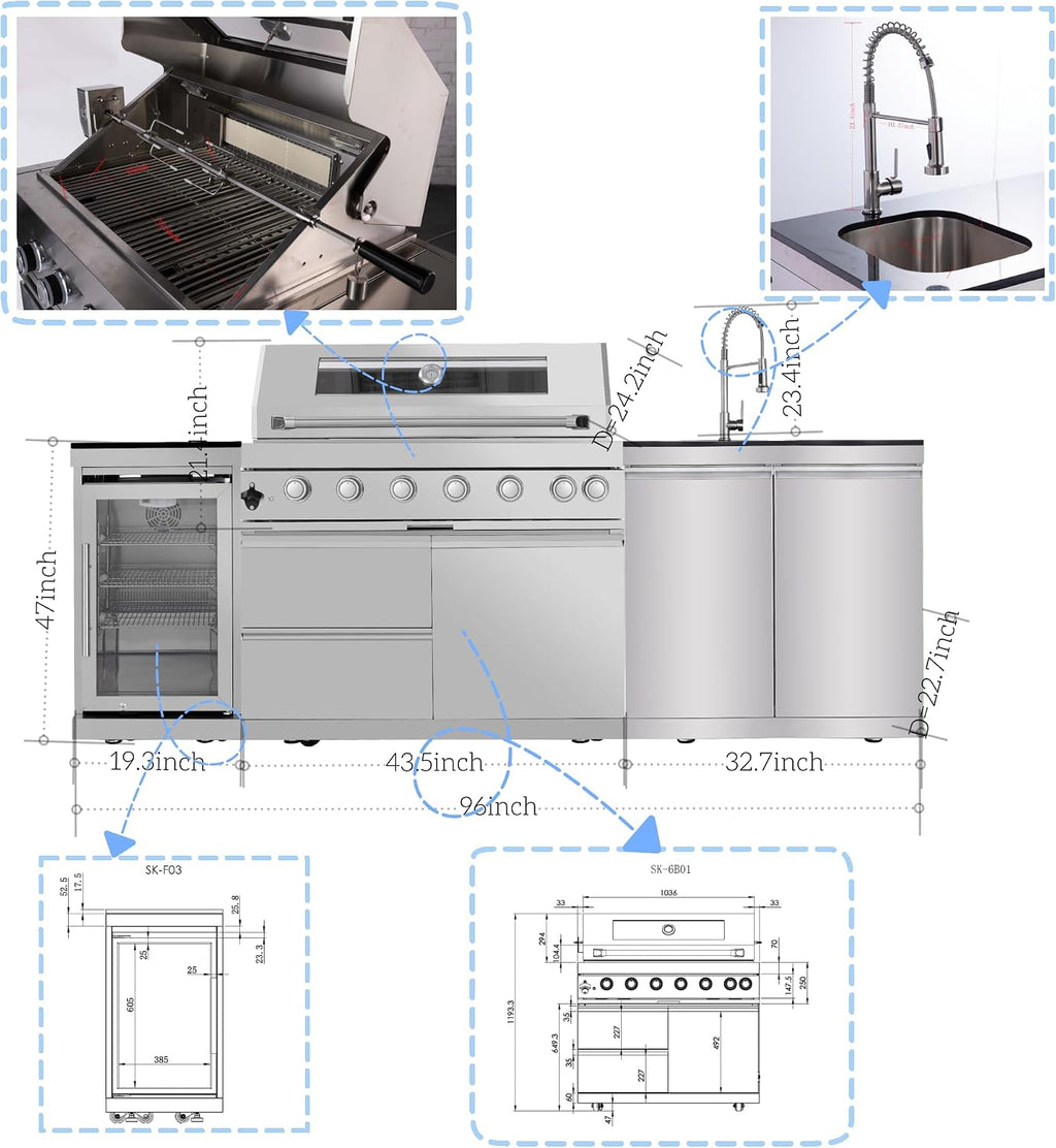 Modular Outdoor Kitchen BBQ Island, 96' Outdoor Kitchen Propane Gas Island Grill with Sink, Compact Refrigerator, Storage Cabinets, Rotisserie Kit (Silver, 96')