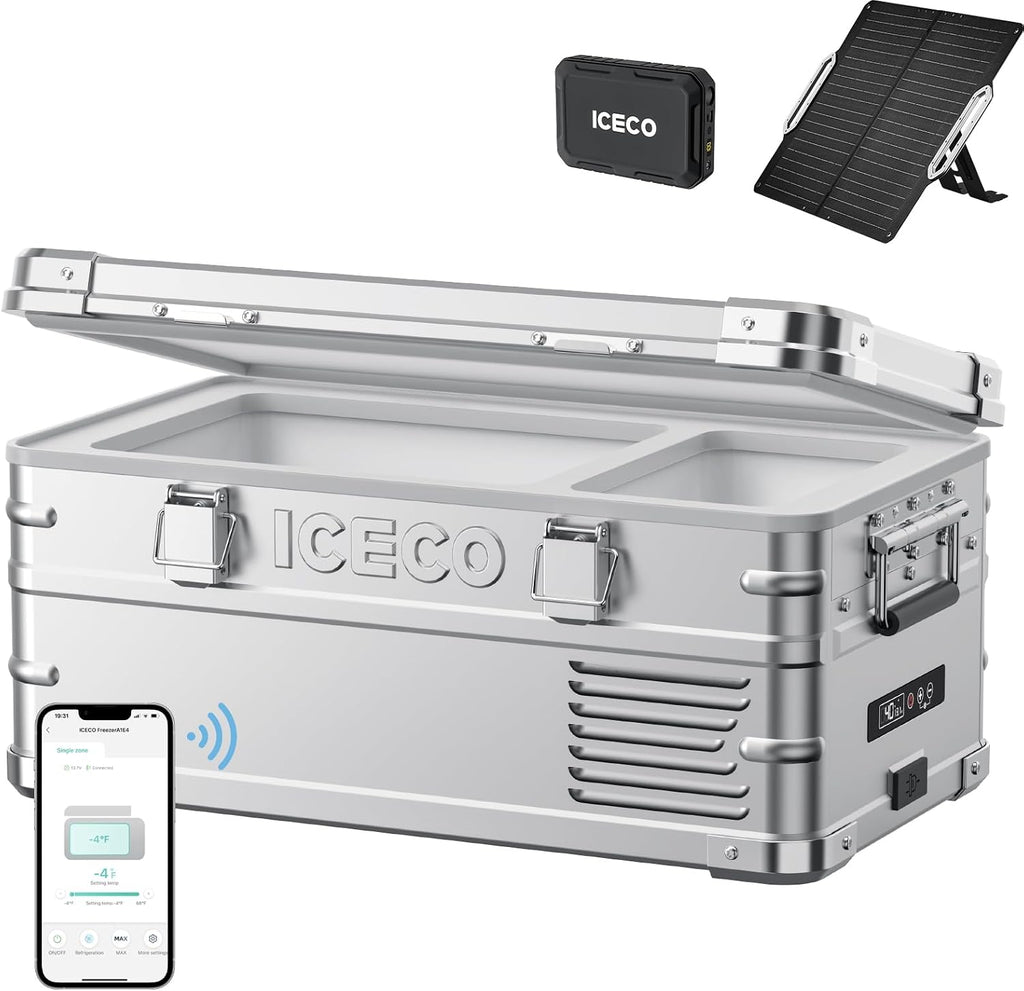 ICECO APL20 Portable Refrigerator Freezer, 21Qt 12v Aluminum Freezer with SECOP Nano Compressor, -4℉~68℉, APP Control,12v Fridge freezer for Outdoor, Camping AC&DC|With Magnetic Battery+Solar Panel