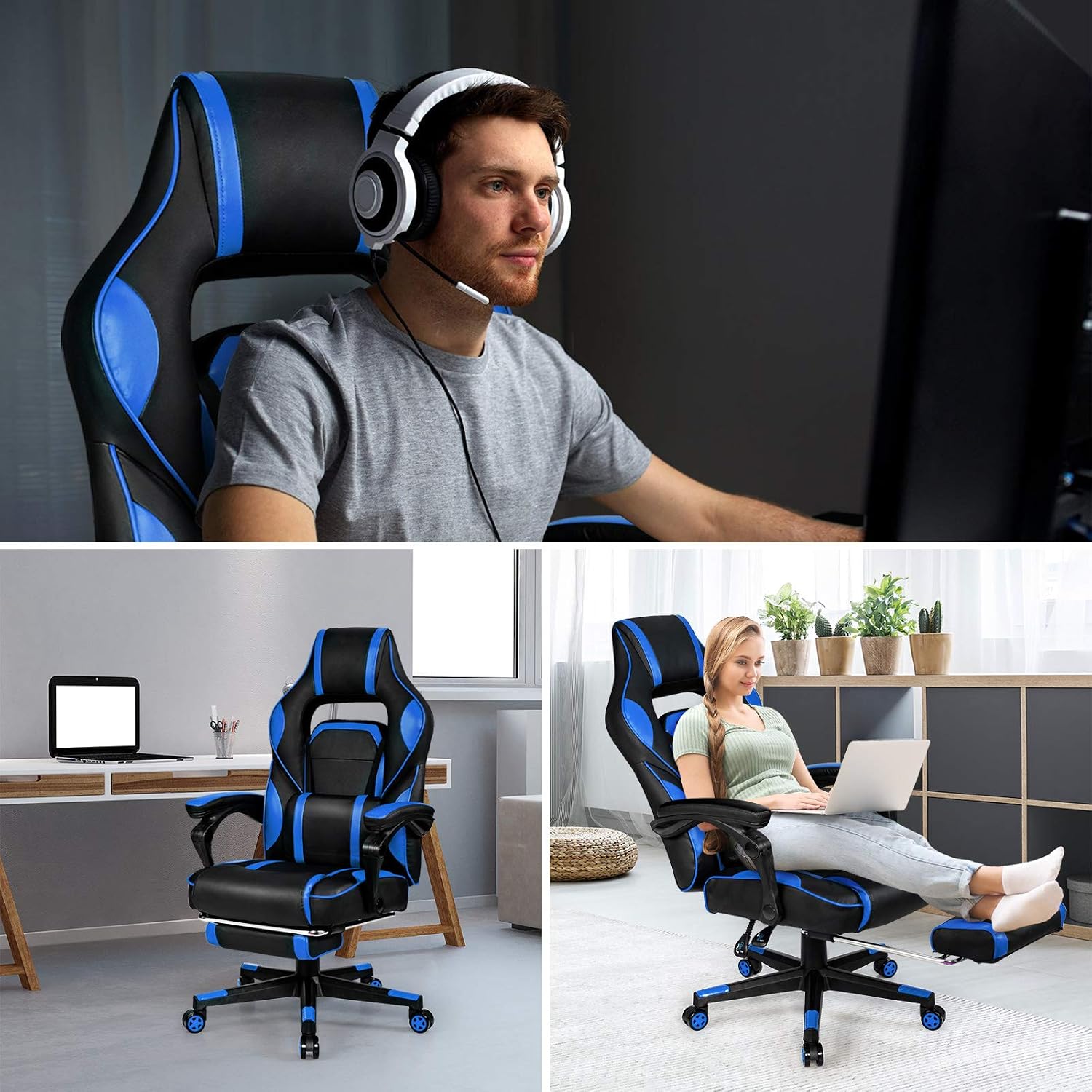 Giantex Ergonomic Gaming Chair, Executive Computer Office Chair with USB Massage Lumbar Cushion and Retractable Footrest, High Back Swivel Chair with Backrest and Height Adjustable (Blue)