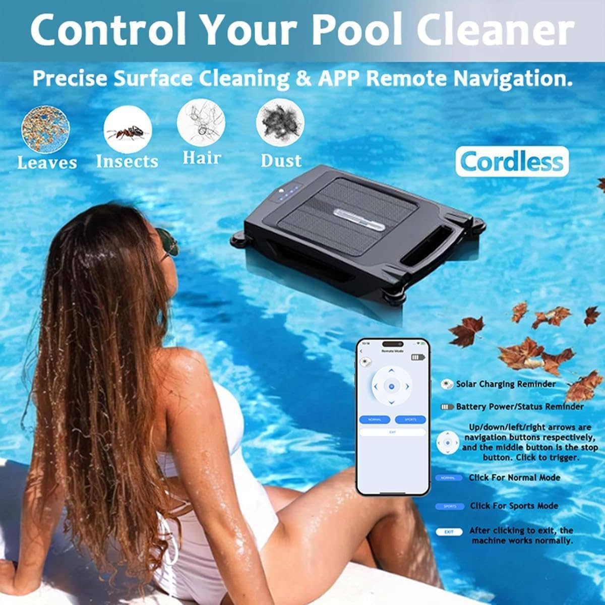 Automatic Cordless Pool Skimmer, Automatic Pool Cleaning Robot, Cordless Robotic Pool Cleaner, Brushless Motor, 80㎡ Coverage, Daytime & Overnight Continuous Cleaning, for Above Ground Pool