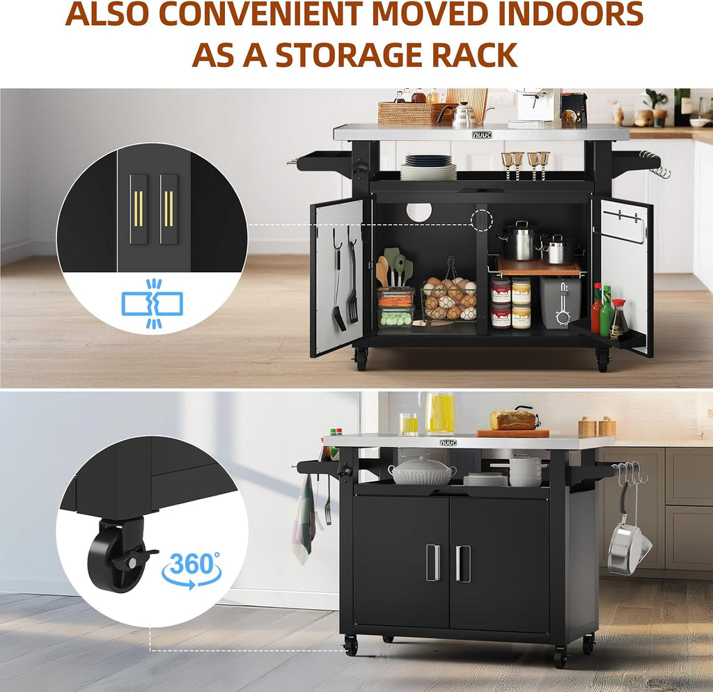 NUUK Outdoor Grill Cart with Storage Cabinet Metal Kitchen Island Prep Table with Movable Universal Wheels and Stainless Steel Top for Outside BBQ Backyard Include Hooks Spice Rack
