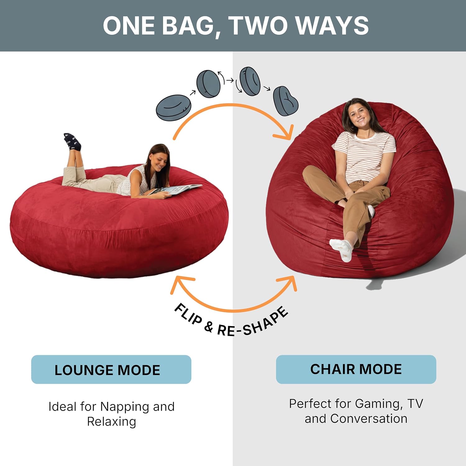 Jaxx 6 Foot Cocoon - 2-in-1 Convertible Bean Bag Bed & Large Bean Bag Chair for Adults, Cinnabar