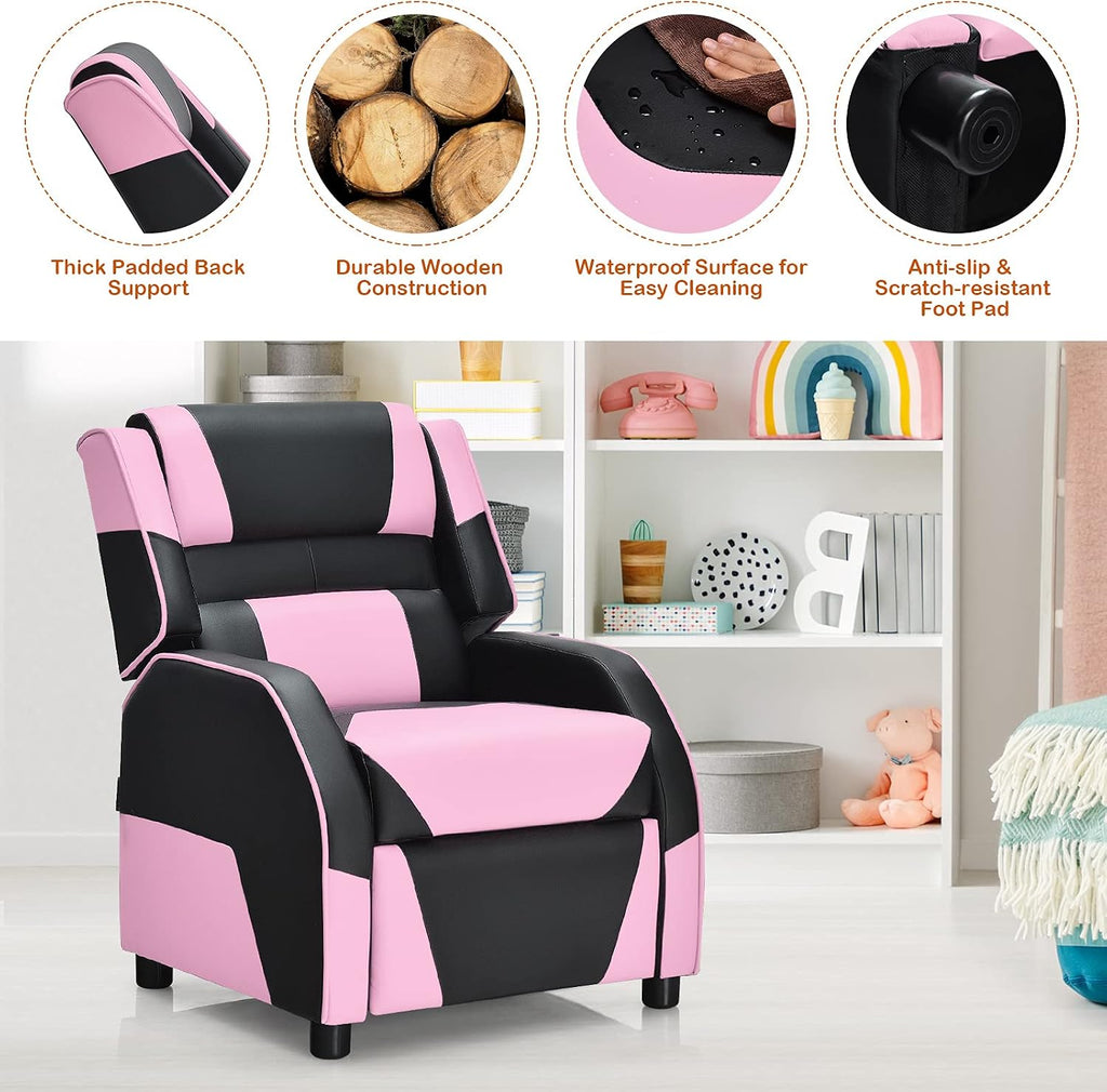 ARLIME Kids Recliner, PU Leather Kid Lounge Chair w/Footrest, Armrest, Headrest & Lumbar Support, Adjustable Gaming Toddler Sofa Armchair for Boys Girls (Pink)