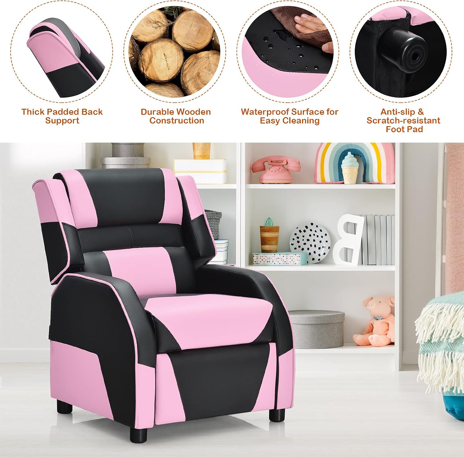 ARLIME Kids Recliner, PU Leather Kid Lounge Chair w/Footrest, Armrest, Headrest & Lumbar Support, Adjustable Gaming Toddler Sofa Armchair for Boys Girls (Pink)
