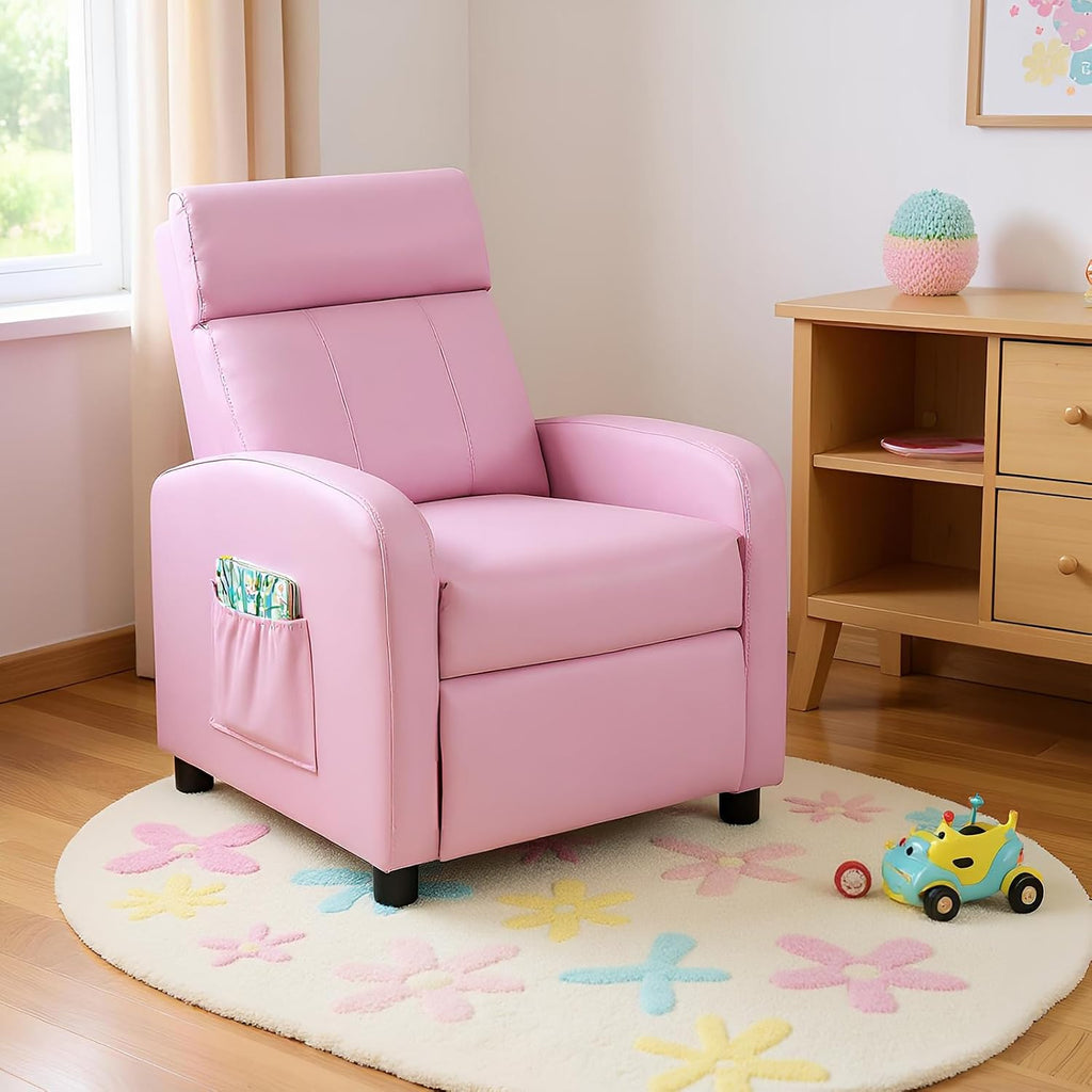 Costzon Kids Recliner, Adjustable PU Leather Lounge Chair w/Side Pockets, Footrest, Headrest for Kids Room&Play Room, Easy to Clean, Padded Pink Recliner Sofa for Children Boys Girls Aged 3-12 (Pink)