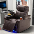 P PURLOVE Power Motion Recliner Chair for Home, PU Recliner Chair with USB Charging Port and Hidden Arm Storage 2 Convenient Cup Holders, Home Theater Seating with 360° Swivel Tray Table (Brown)