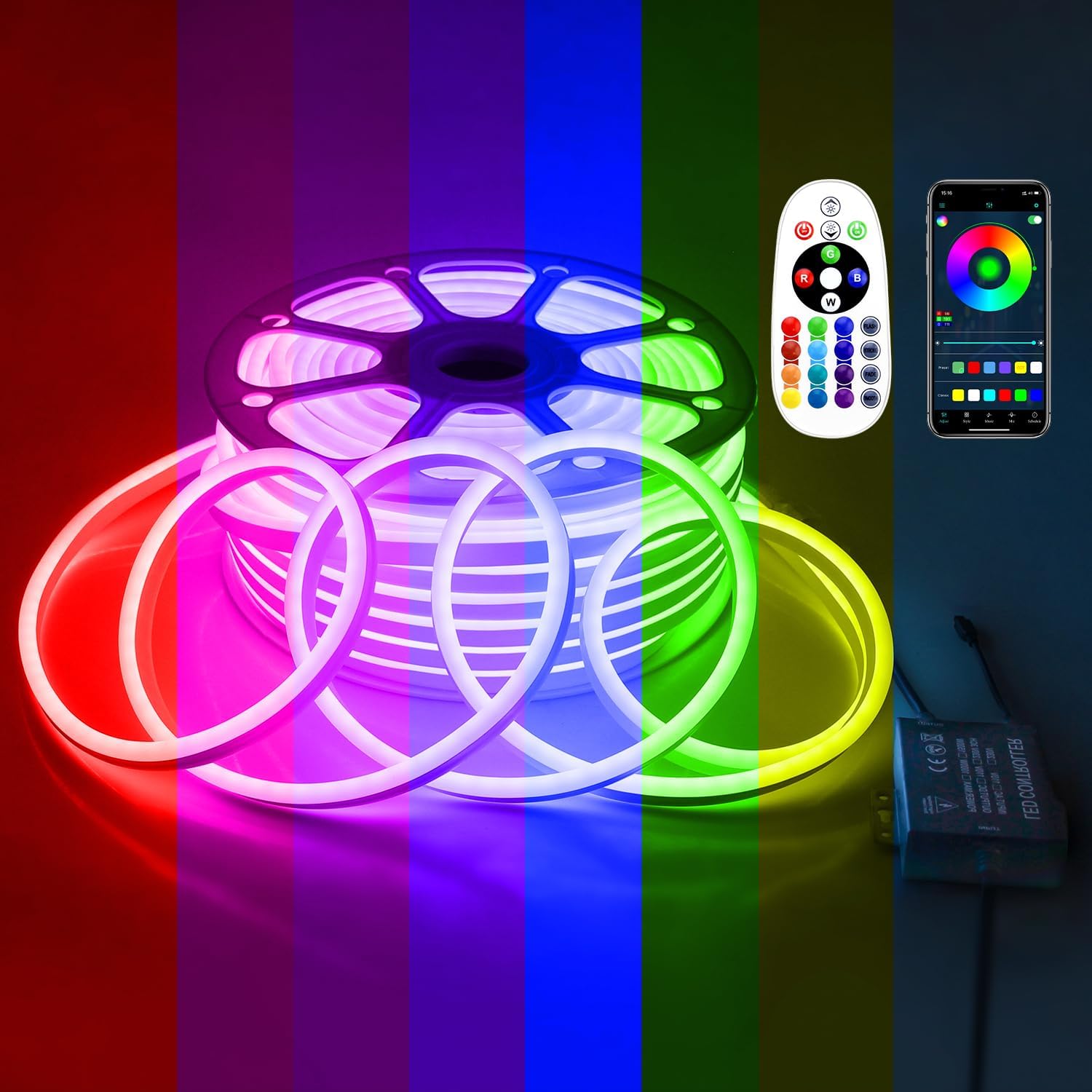 Aclorol RGB LED Neon Light Strip AC 110V-130V Flexible Outdoor Neon Rope Light 164FT Waterproof Dimmable with Bluetooth App Remote Music Sync Color Changing for Bedroom Patio Commercial Building Decor