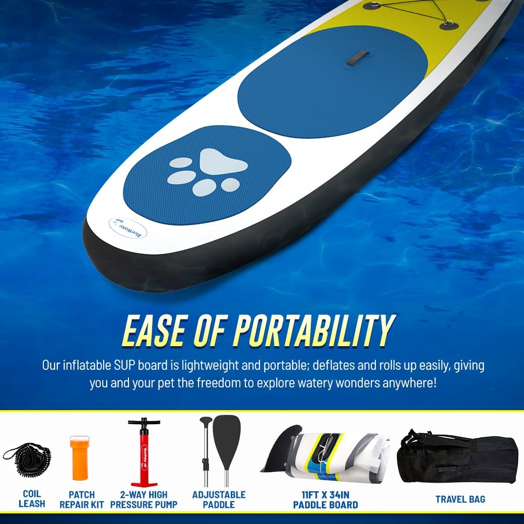 Inflatable Stand Up Paddle Board Paw Paddler by Blue Water Toys - 11ft Nylon and Mesh Inflatable Paddle Board with 100% UV-Resistant Honeycomb EVA Pad, Complete SUP Set for Pets and Humans
