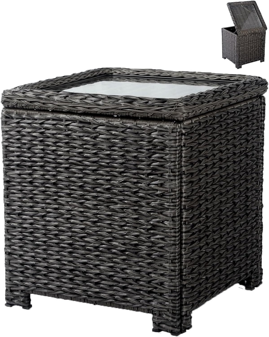 Classic Outdoor Storage Side Table, Weather-Resistant HDPE Rattan Wicker Patio Coffee Table w/Tempered Glass Flip Top for Porch Pool, Dark Brown
