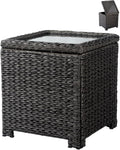 Classic Outdoor Storage Side Table, Weather-Resistant HDPE Rattan Wicker Patio Coffee Table w/Tempered Glass Flip Top for Porch Pool, Dark Brown