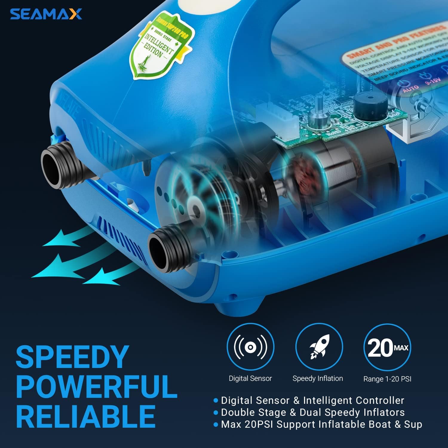 Seamax Marine SUP20D Electric Air Pump for Inflatable Paddle Board, Max 20 PSI, Additional Fittings Included, Pro Edition Built in Temperature Sensor and Voltage Meter Support Inflation and Deflation