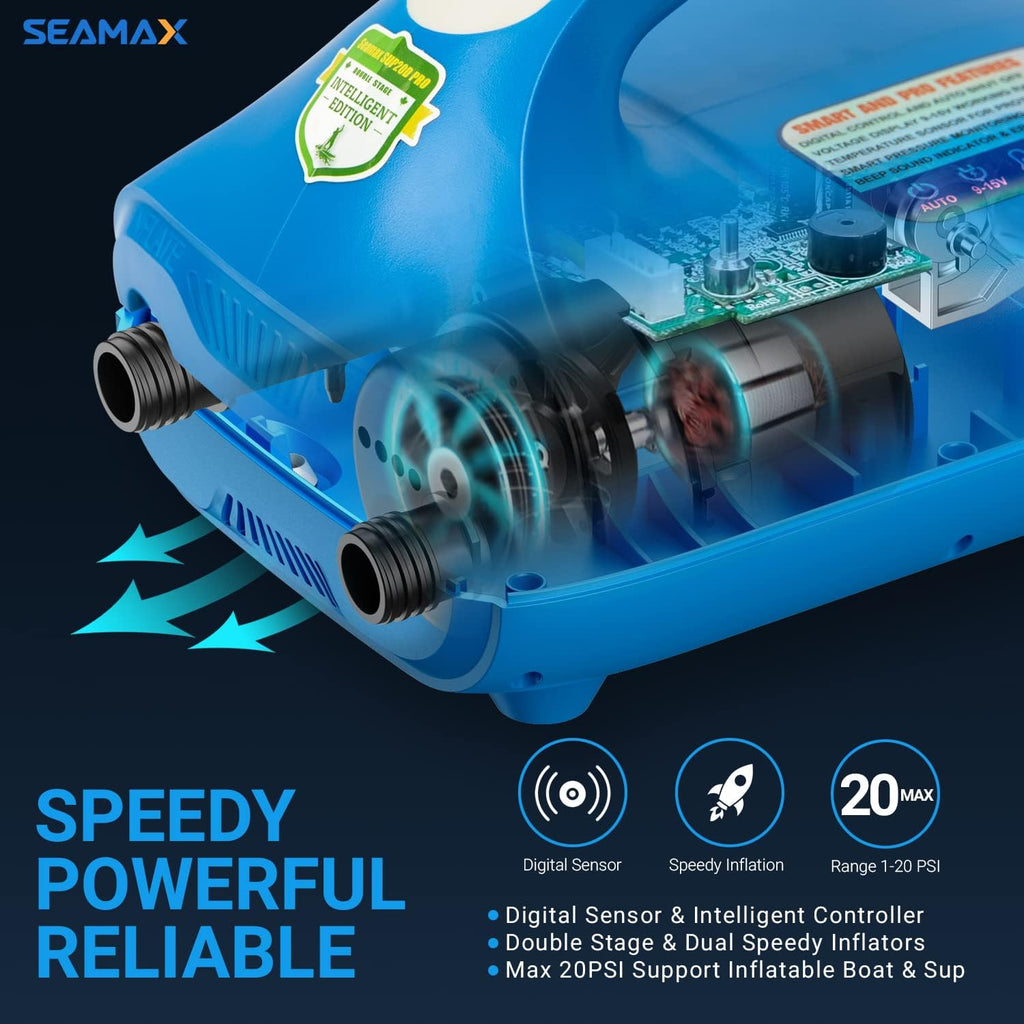 Seamax SUP20D 20PSI Double Stage Electric Air Pump for Inflatable SUP and Boat, New Version Intelligent Firmware with Built-in Temperature Sensor and Voltage Protection