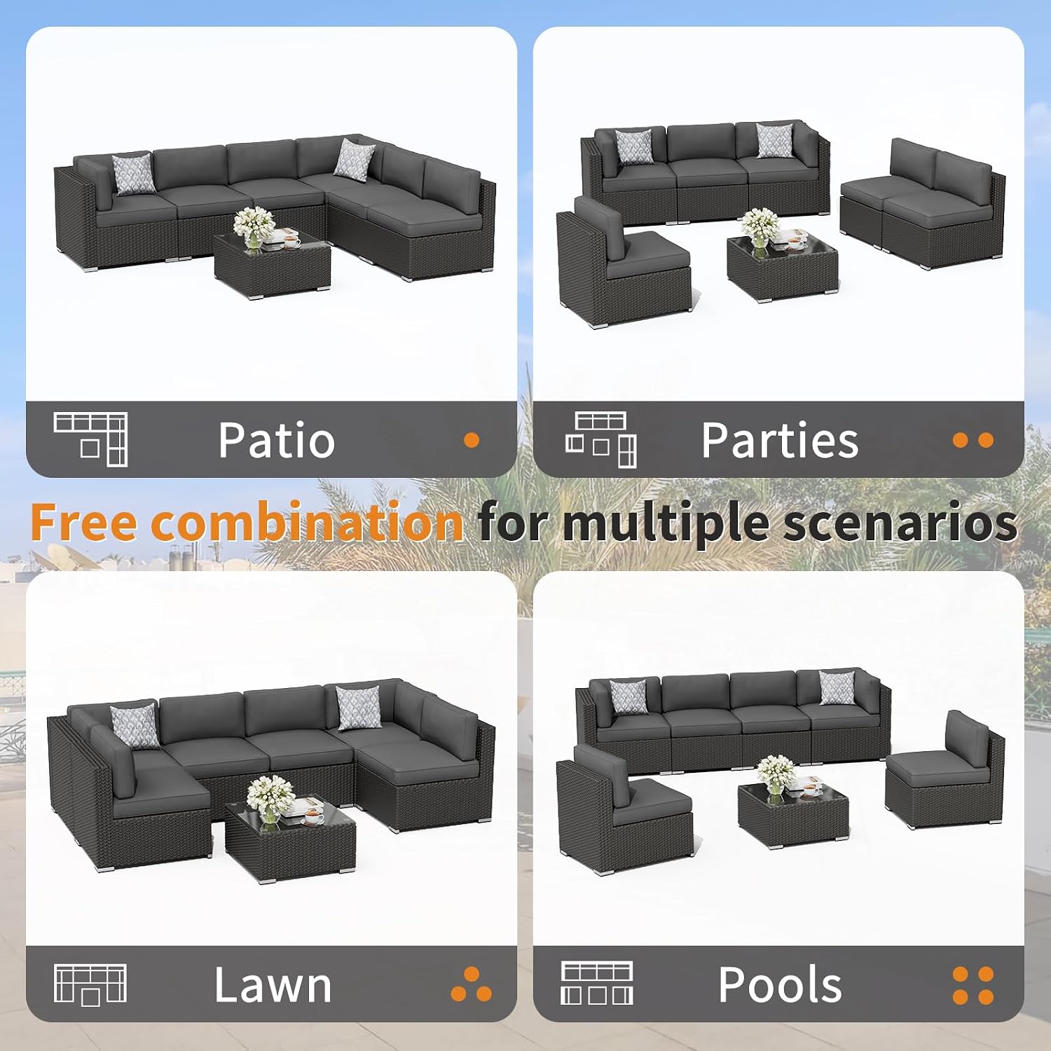 Oakcloud 7-Piece Outdoor Black Rattan Wicker Sectional Conversation Sets Patio Furniture Sofa Set with Cushions and Glass Top Table(Grey)