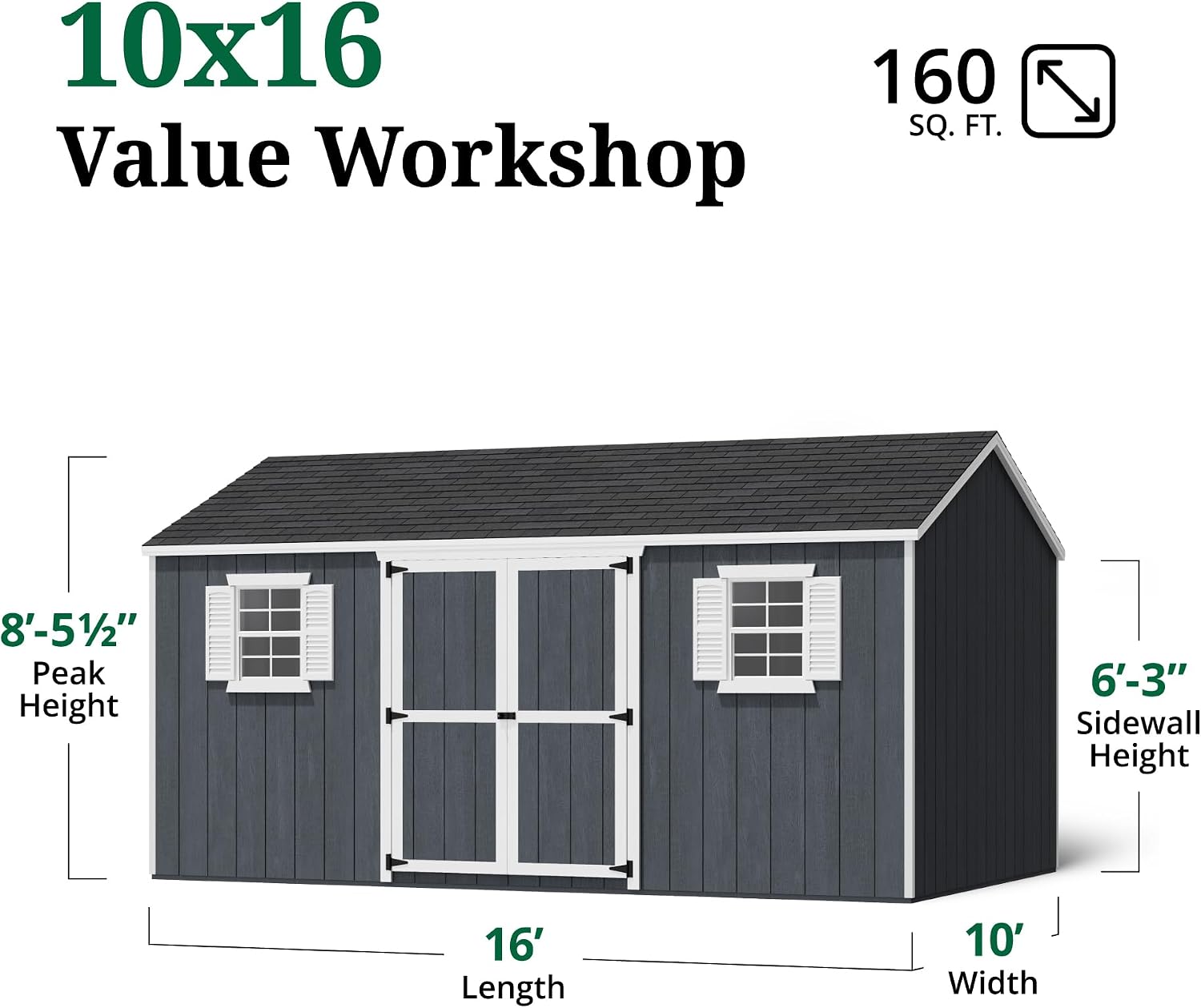 Little Cottage Co. 10x16 Value Workshop Shed with Operable Windows and Floor, Outdoor Wood Storage Do-It-Yourself Precut Kit