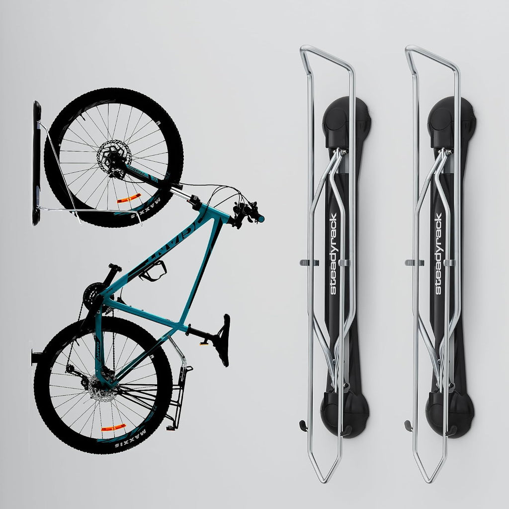 Steadyrack Bike Rack – Pivoting Mountain Bike Rack, Holds Up to 77 lbs, Fits 24'-29' Wheels, 2.1'-2.8' Tires, Foldable Wall Mount for Space-Saving Bicycle Storage - 2 Pack