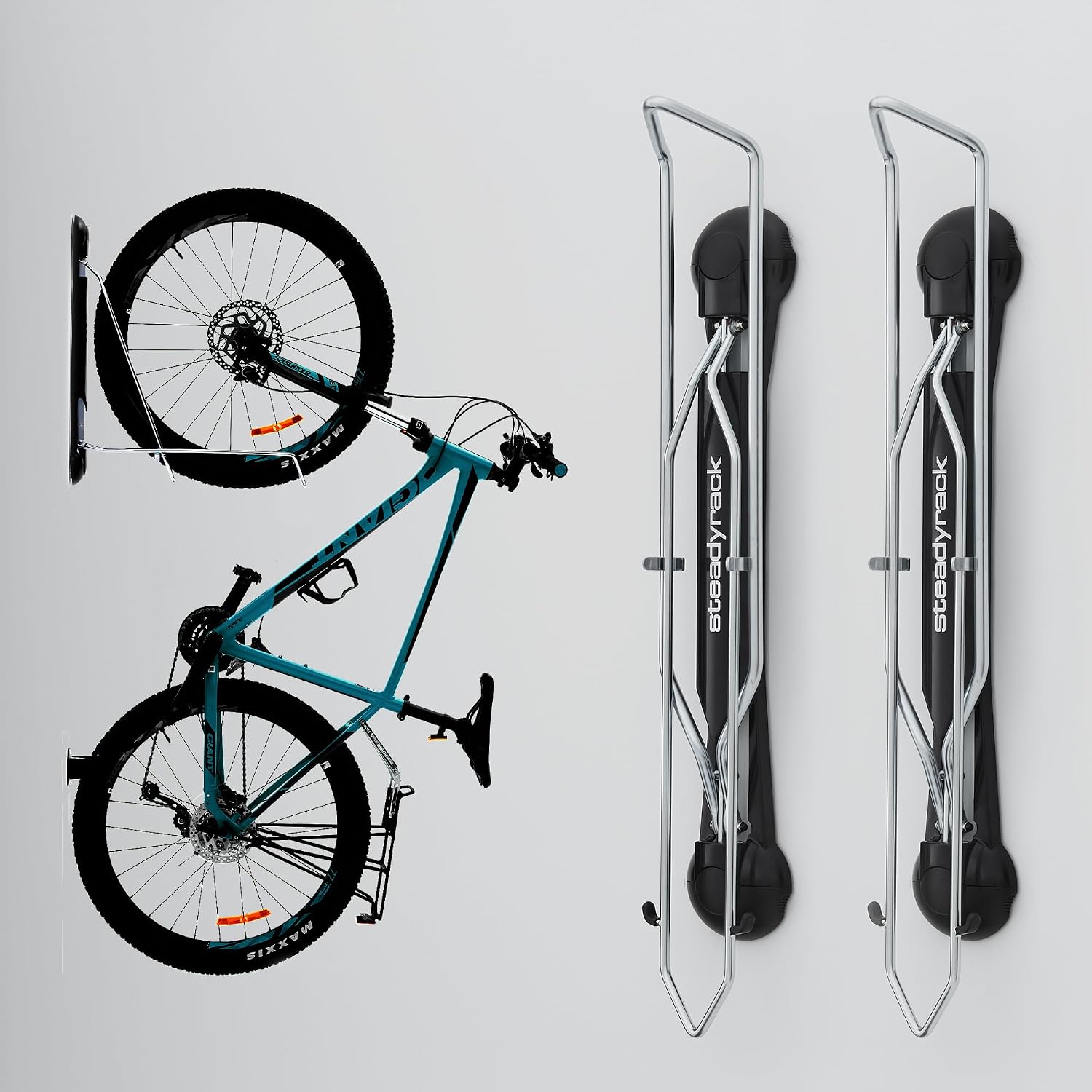 Steadyrack Bike Rack – Pivoting Mountain Bike Rack, Holds Up to 77 lbs, Fits 24'-29' Wheels, 2.1'-2.8' Tires, Foldable Wall Mount for Space-Saving Bicycle Storage - 2 Pack