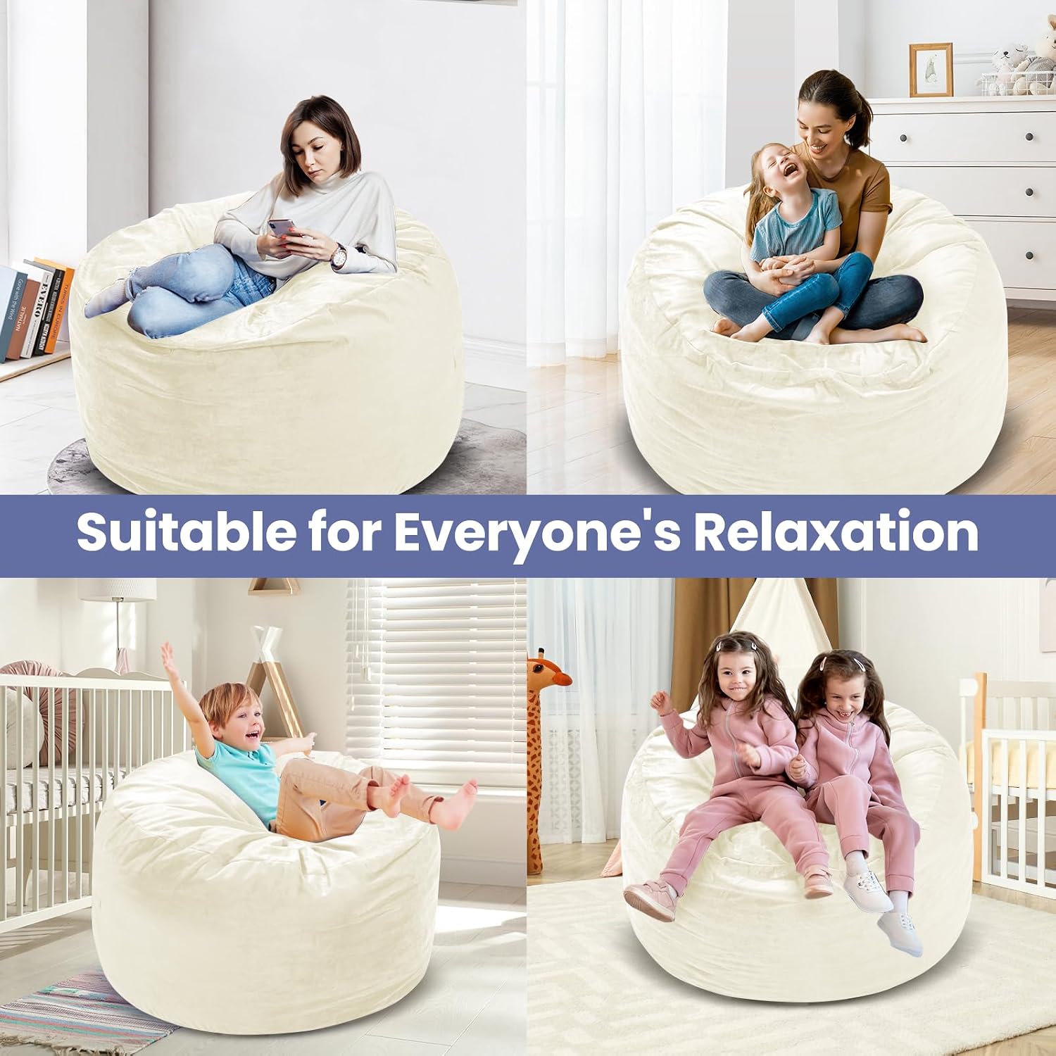 Memory Foam Bean Bag Chair, Oversized Sofa for Adults, Teens & Kids, Removable Velvet Cover, Ultra Comfortable for Gaming, Bedroom, Living Room, or Dorm(Beige, 4ft w/Footstool)