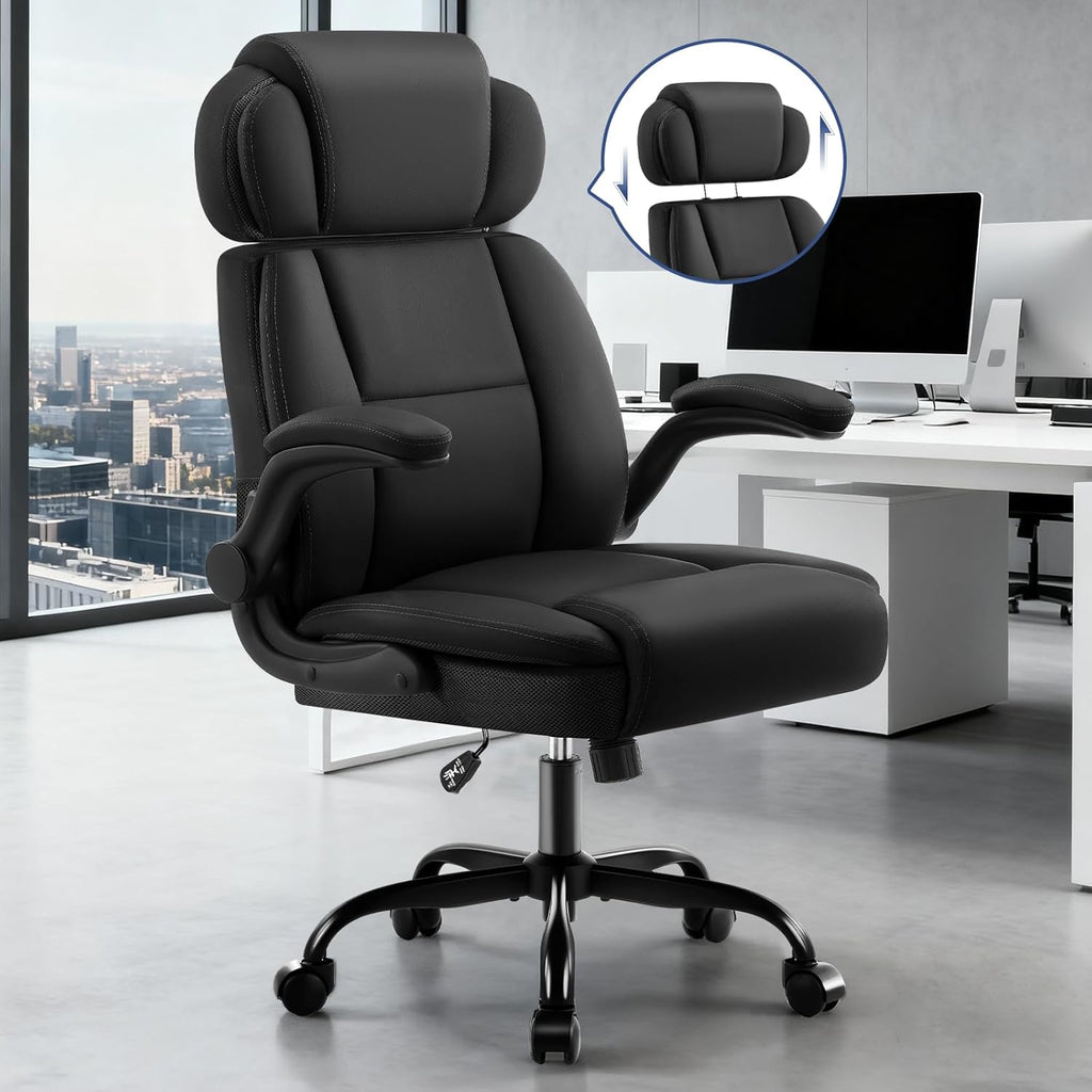 AreShark Ergonomic Office Chair with Lumbar Support, 400lbs Heavy Duty Big and Tall Executive Desk Chair, PU Leather High Back Computer Chair with Flip-Up Arms & Adjustable Headrest, Black