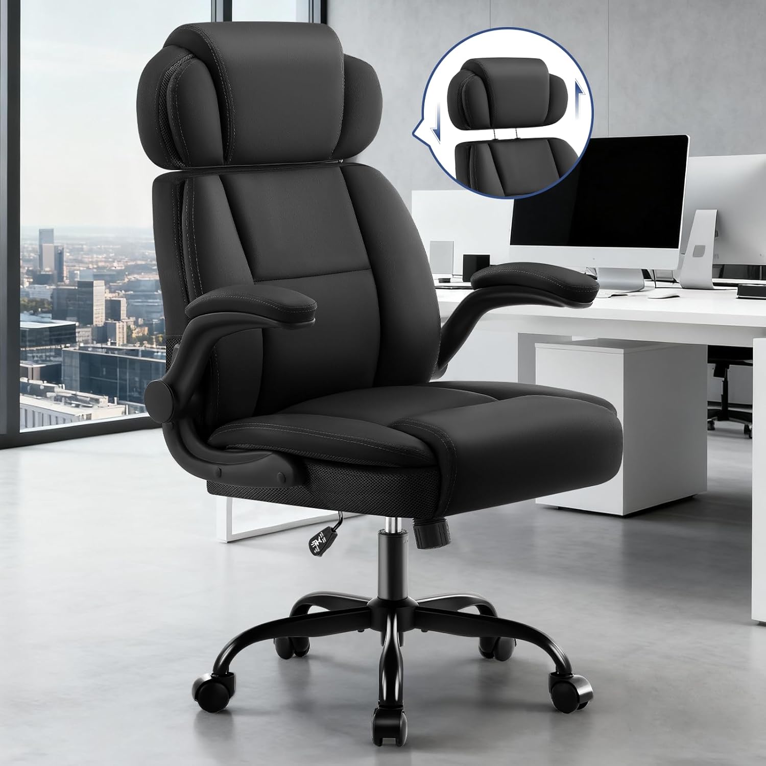 AreShark Ergonomic Office Chair with Lumbar Support, 400lbs Heavy Duty Big and Tall Executive Desk Chair, PU Leather High Back Computer Chair with Flip-Up Arms & Adjustable Headrest, Black
