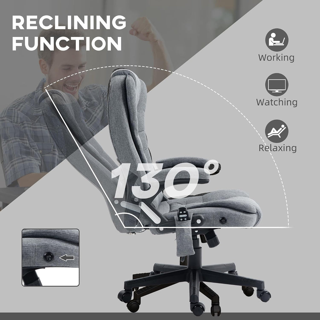 Vinsetto 6 Point Vibrating Massage Office Chair with Heat, Linen High Back Executive Office Chair with Reclining Backrest, Padded Armrests and Remote, Gray