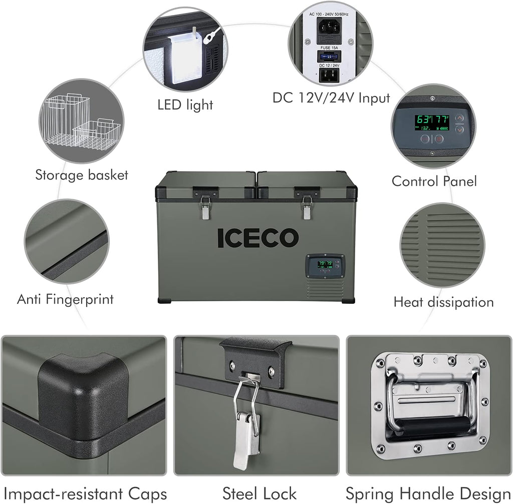 ICECO VL60 12V Dual Zone Portable Freezer, 63Qt 12 Volt Refrigerator Powered by SECOP, 0°-50°F, 12/24VDC&110-240VAC, 12v Fridge Electric Cooler Refrigerator For Car&Indoor, with Extension DC Cable