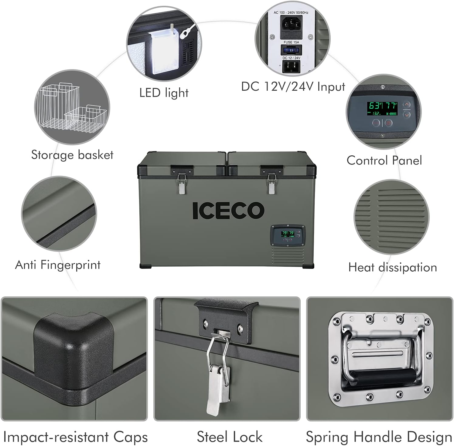 ICECO VL60 12V Dual Zone Portable Freezer, 63Qt 12 Volt Refrigerator Powered by SECOP, 0°-50°F, 12/24VDC&110-240VAC, 12v Fridge Electric Cooler Refrigerator For Car&Indoor, with Extension DC Cable