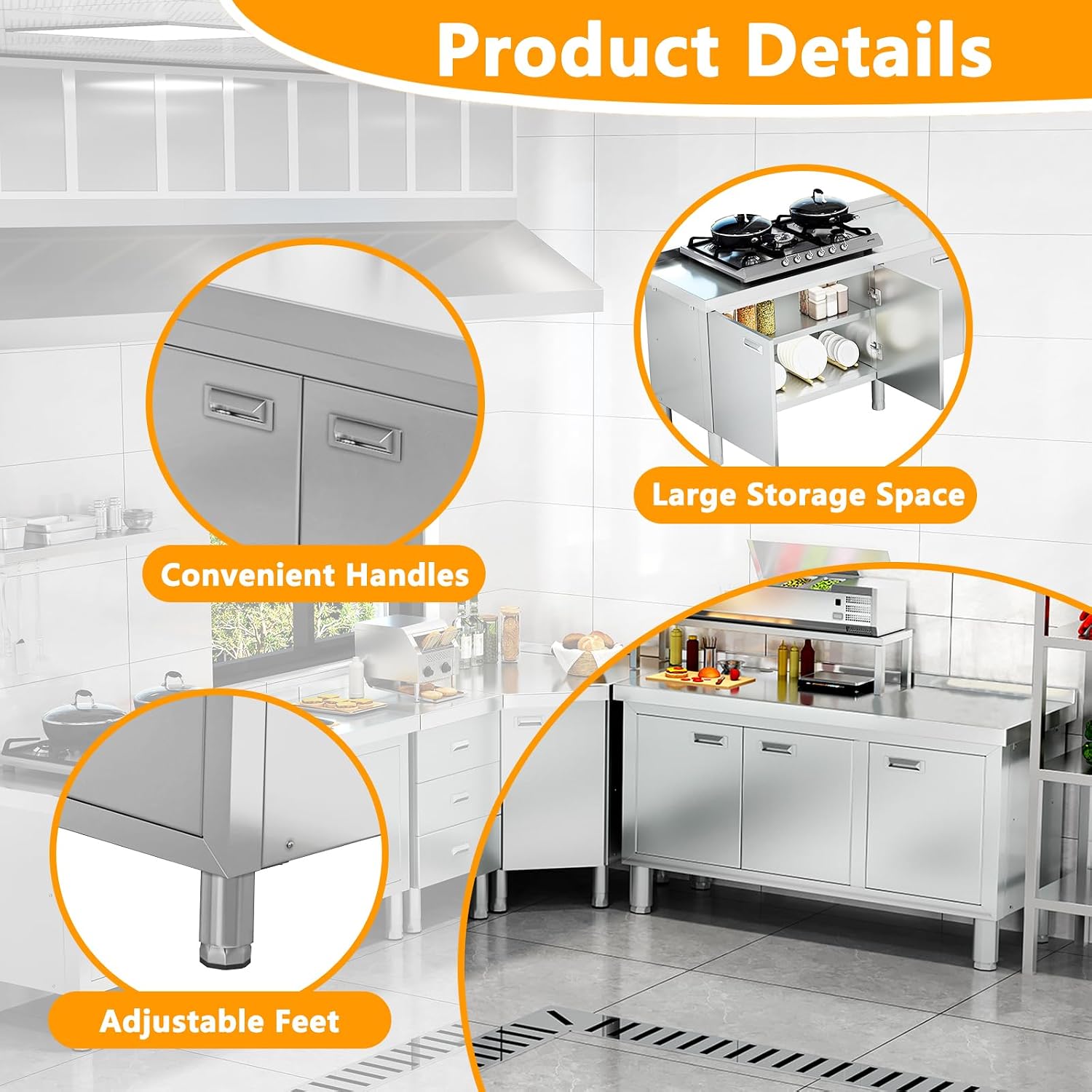WWK 47' x 21' Stainless Steel Prep Table with Cabinet, Commercial Kitchen Table for Prep & Work, Heavy Duty Work Table with 3 Doors for Kitchen, Restaurant, Hotel, Garage and Cafe