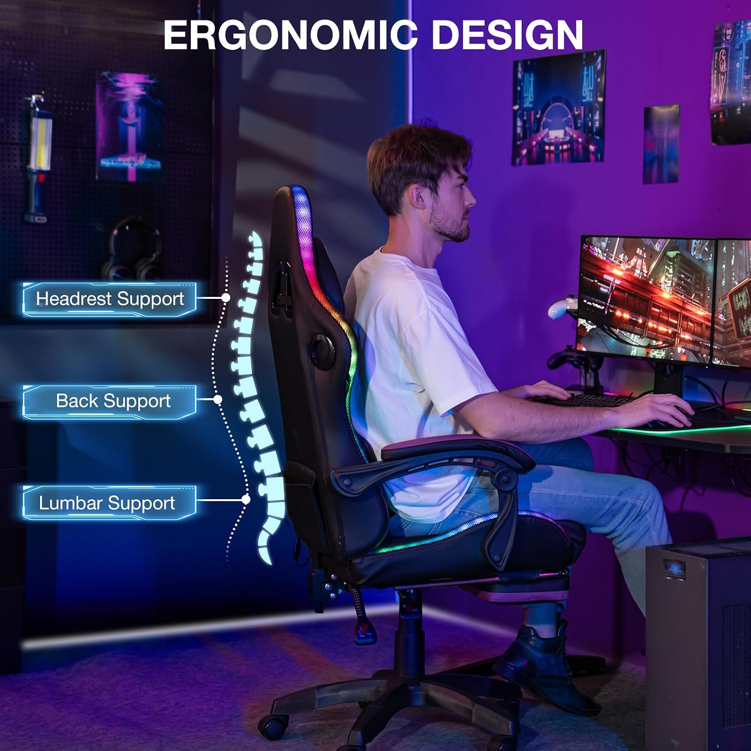 HOFFREE LED Gaming Chair with Speakers and Massage Video Game Chair Big and Tall with Footrest Gamer Chair for 400lbs Computer Desk Chair Purple and Black