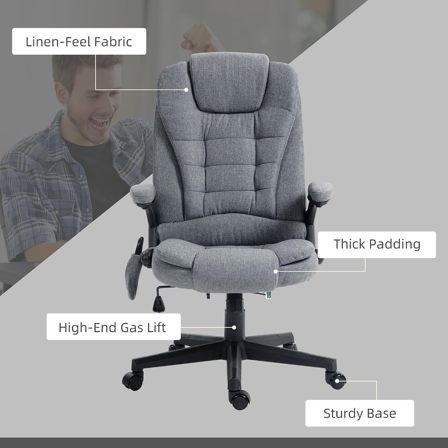 Vinsetto 6 Point Vibrating Massage Office Chair with Heat, Linen High Back Executive Office Chair with Reclining Backrest, Padded Armrests and Remote, Gray