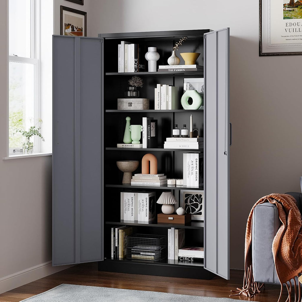 Metal Garage Storage Cabinet, 71/ inchs Locking Storage Cabinet with 2 Doors and 4 Adjustable Shelves, Lockable Metal Cabinet for Office,Home,Garage,Gym,School（Gray Black） SC9005D