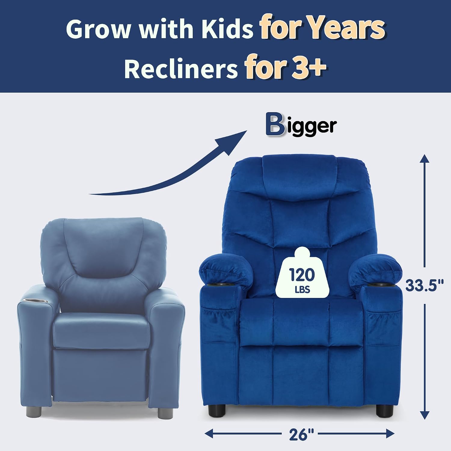 MCombo Big Kids Recliner for Ages 3+, Child Reclining Chair, Toddlers Recliner Sofa with Cup Holders (Velvet, Navy Blue)