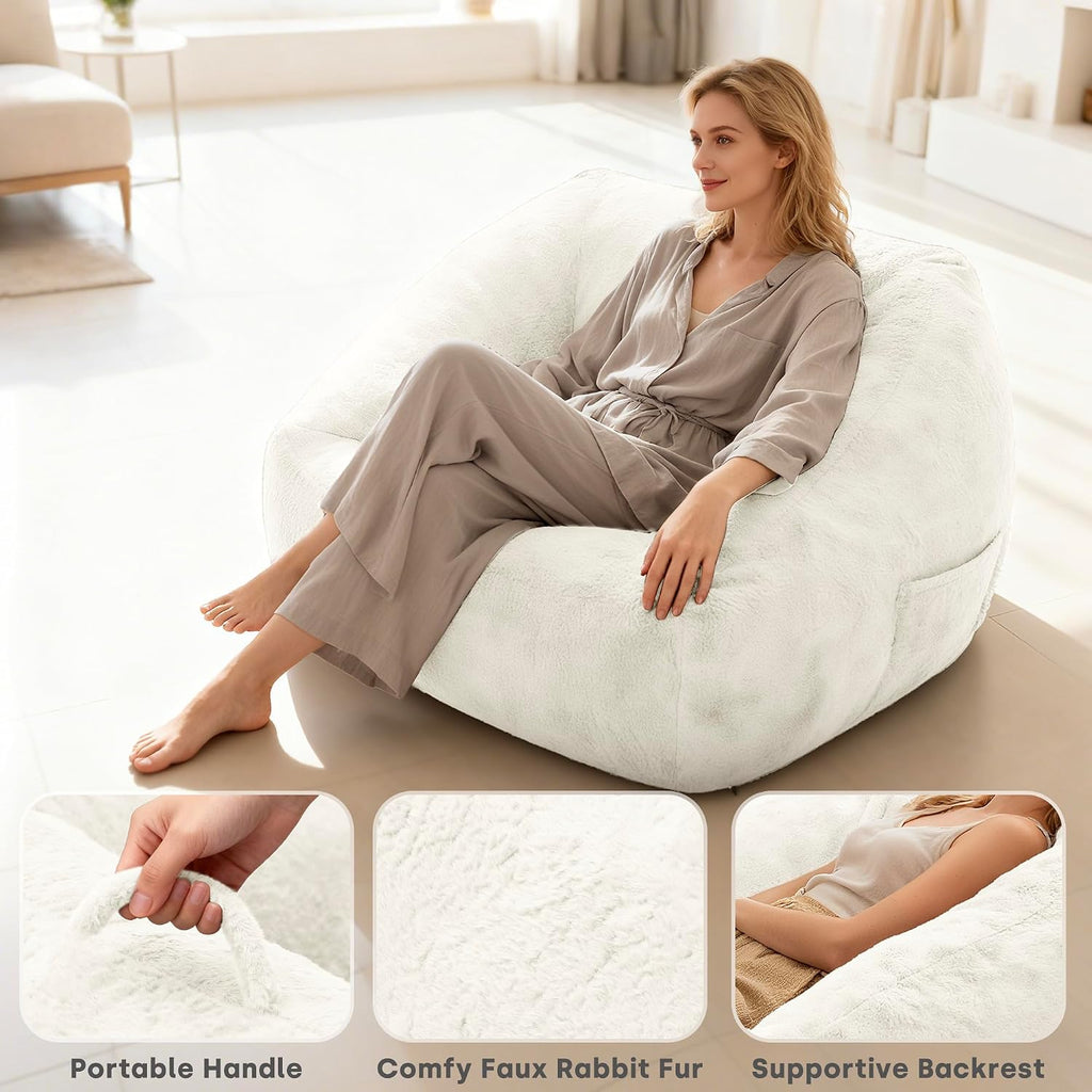 COSIEST Large Bean Bag Chair for Adults, Giant Bean Bag Couch with Armrests & Side Pocket, L-Shaped Faux Fur Beanbag Lounge Sofa Chair, Comfy Floor Sofa for Bedroom Living Room Reading, Cream White