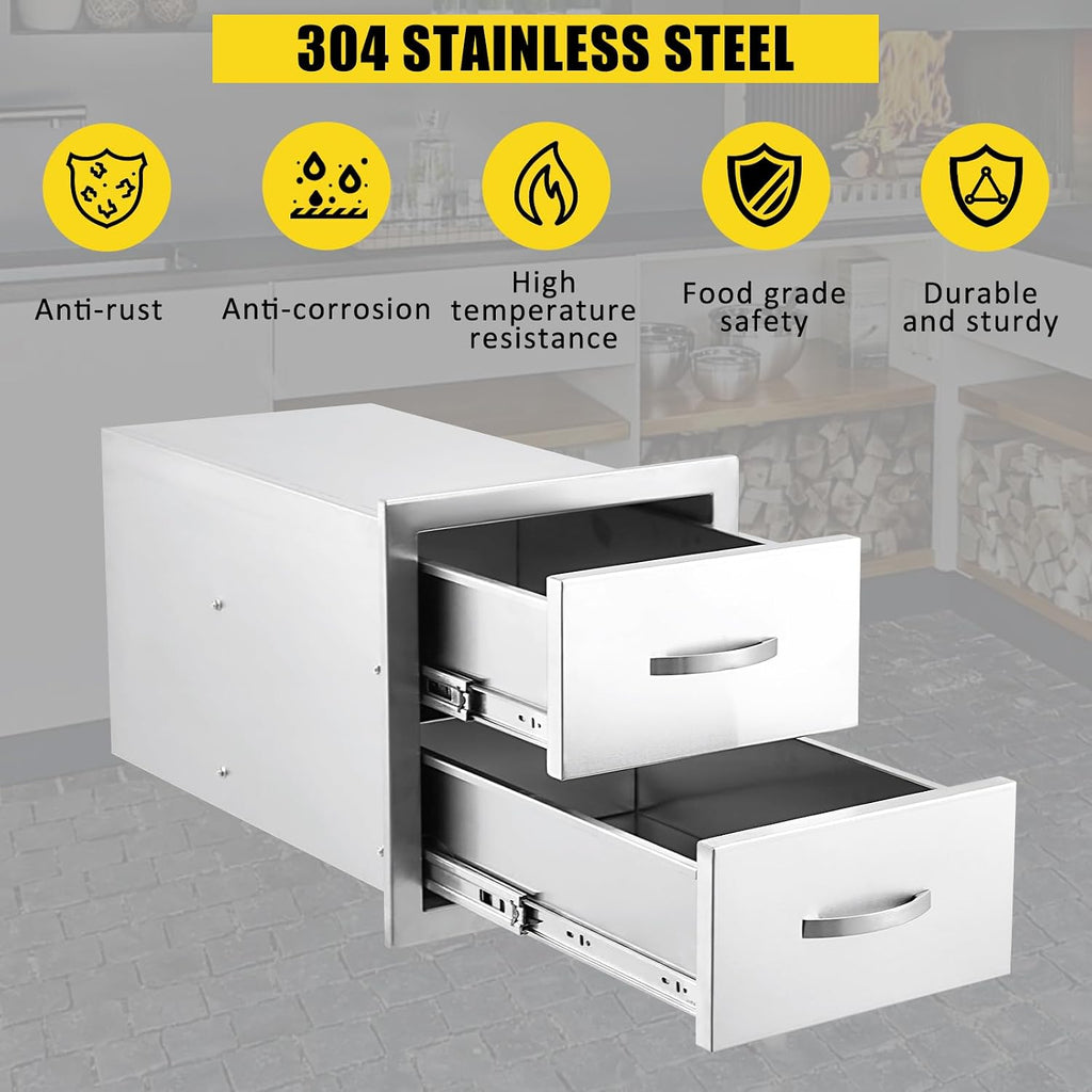 14W x 23D x 15H Inch Outdoor Kitchen Drawers Stainless Steel, Flush Mount Double Drawers with Stainless Steel Handle, Venting Panel Weatherproof for Kitchen Island Patio, Grill Station