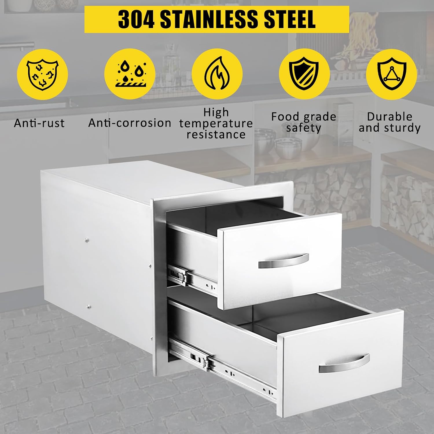 14W x 23D x 15H Inch Outdoor Kitchen Drawers Stainless Steel, Flush Mount Double Drawers with Stainless Steel Handle, Venting Panel Weatherproof for Kitchen Island Patio, Grill Station