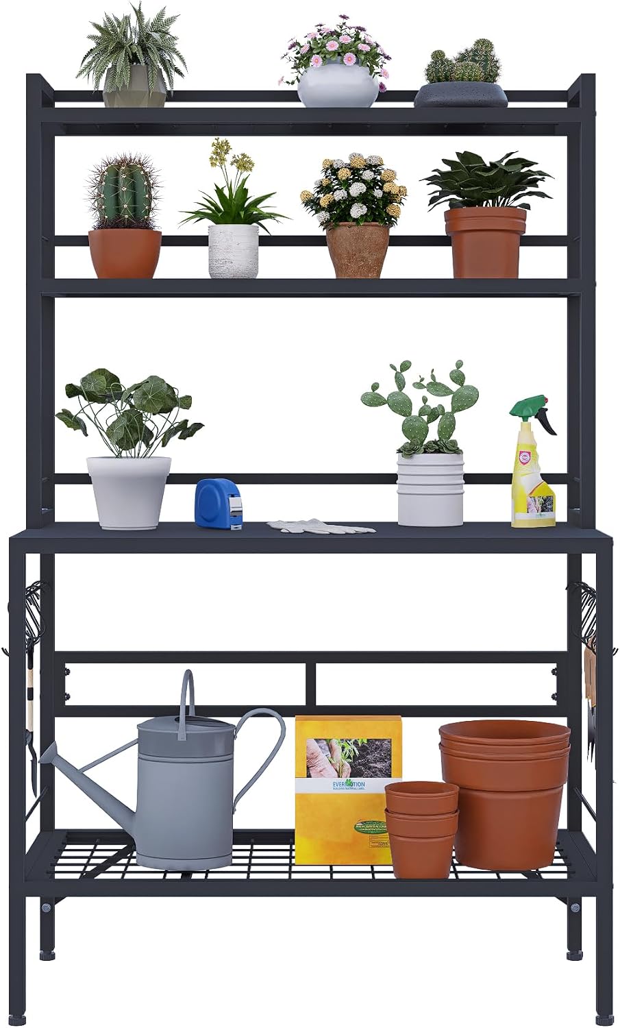 Outdoor Potting Bench Table with Storage, 63' Tall Metal Garden Workstation, 4-Tier Plant Stand Shelves with 8 Hooks, Heavy Duty All-Weather Potting Table for Patio, Backyard, Balcony, Gray