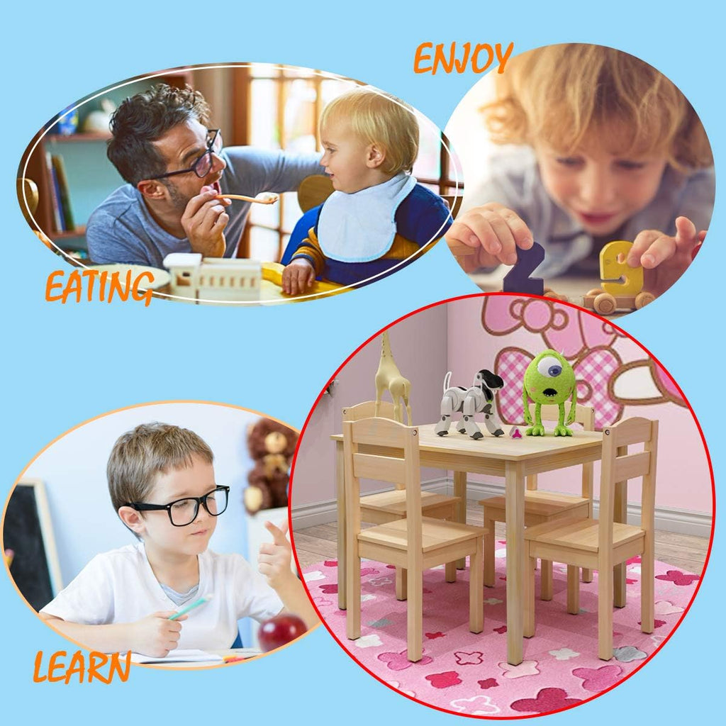 Nightcore Kids Wooden Table and 4 Chair Set, Activity Table Chair Set for 2 to 6 Years, Toddler Game, Playroom Furniture, Picnic Table w/Chairs, Solid Wood 5 Piece Dining Table Set (Natural)