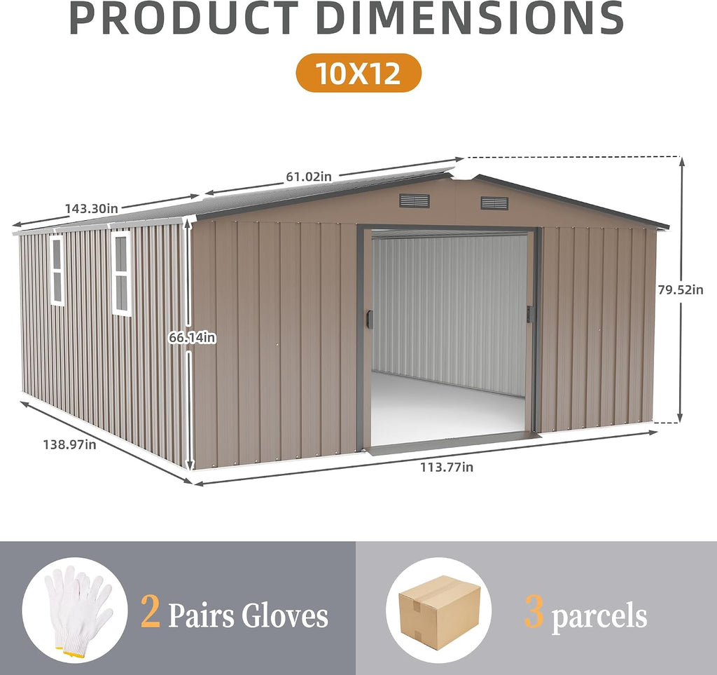 KEIKI 10x12 FT Metal Garden Storage Shed with Foundation Kit, Double Door Outdoor Tool Shed with 2 Windows, Color Steel Construction, Tool Shed for Lawn Equipment, Bikes, Trash Cans, Brown