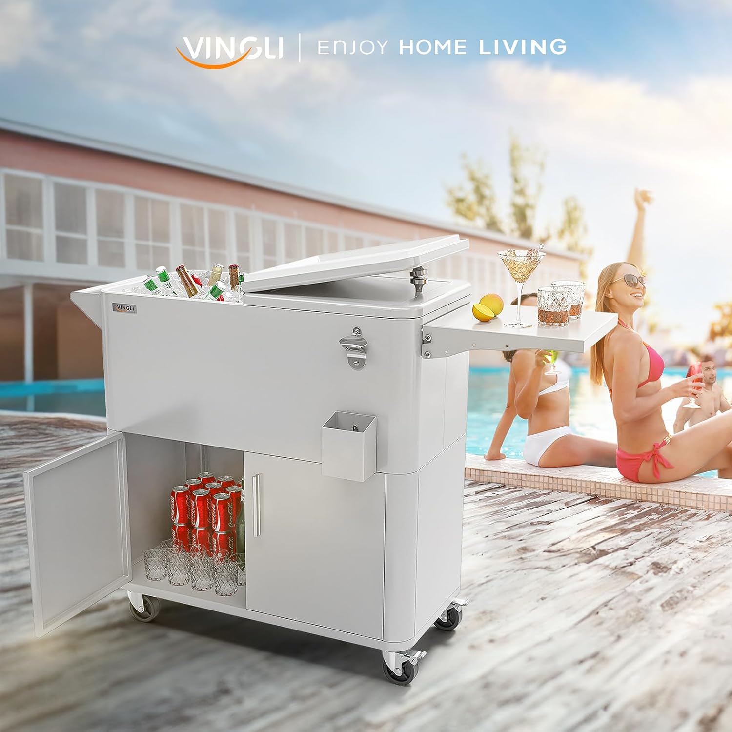VINGLI Patio Cooler, Ice Chest with Storage Cabinet, Bottle Opener Drainage, Outdoor Cooler for Party, Deck, Pool