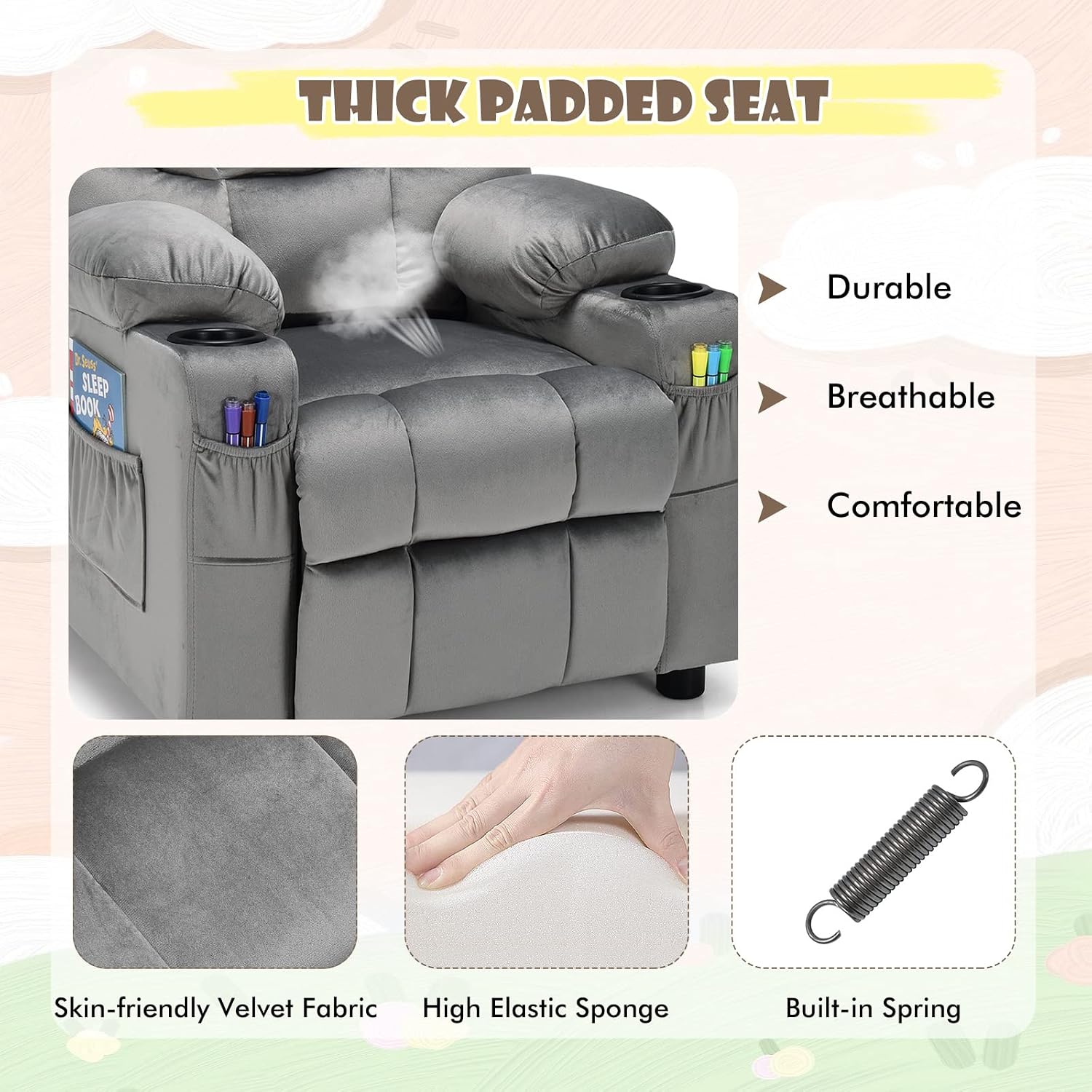 MAT EXPERT Kids Recliner, Velvet Adjustable Reading Chair w/ 2 Cup Holder, 3 Side Pocket Storage & Footrest, Kids Couch Gaming Chair, Toddler Lounge Chair for Boys Girls, Kids Room Playroom (Grey)