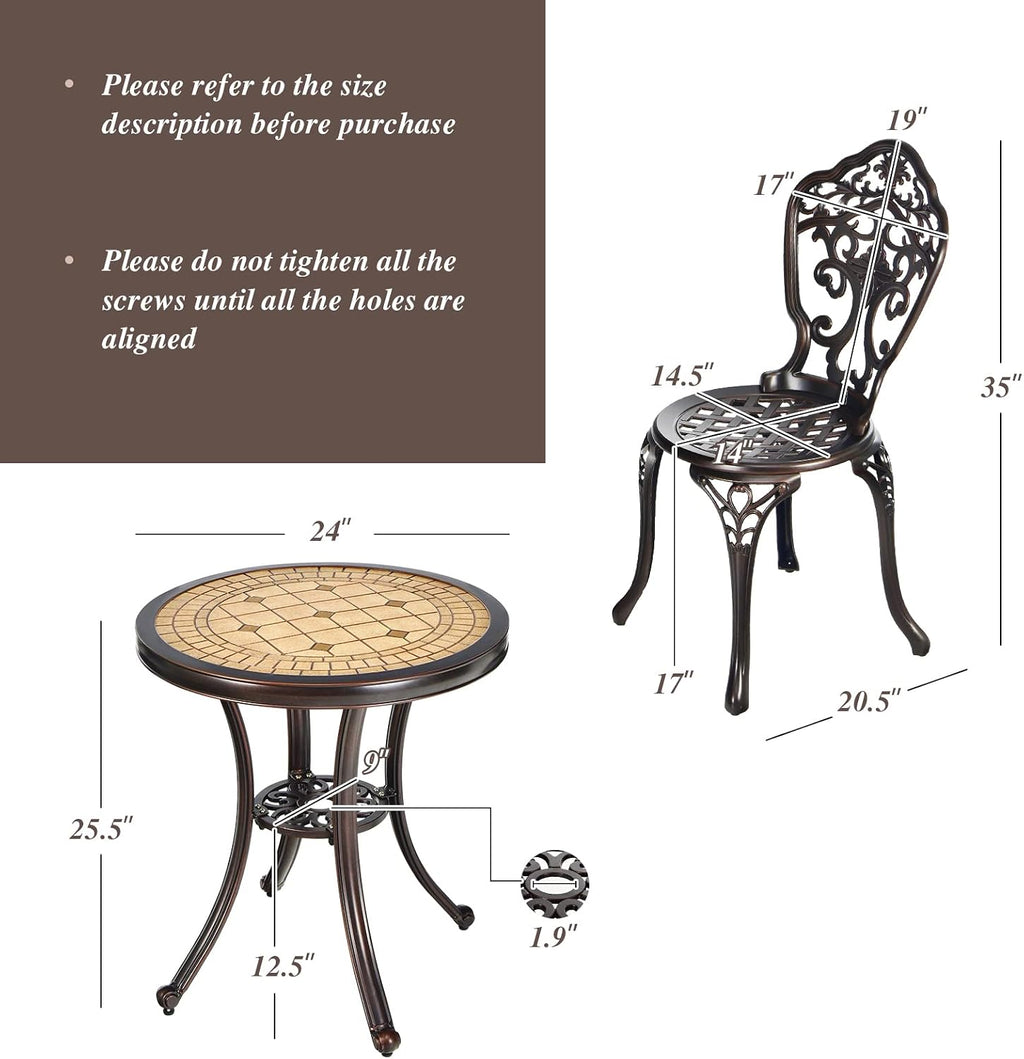 HAPPYGRILL 3-Piece Patio Bistro Set, All-Weather Cast Aluminum Table and Chairs, Outdoor Patio Table and Chairs Furniture for Porch Garden Poolside Backyard
