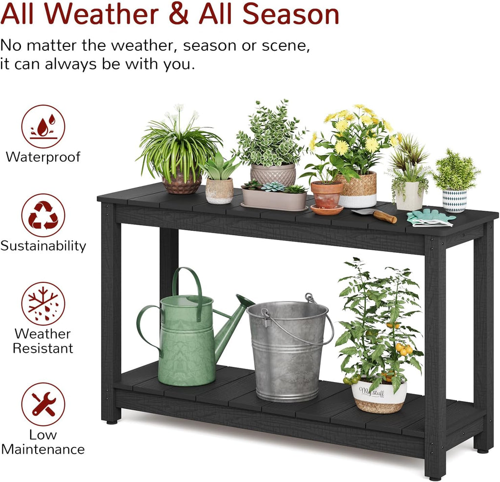 Stoog Outdoor Console Table, All-Weather 2-Tier Patio Console Table with Adjustable Feet, Low Maintenance, for Backyard, Garden, Entryway, and Deck, Black