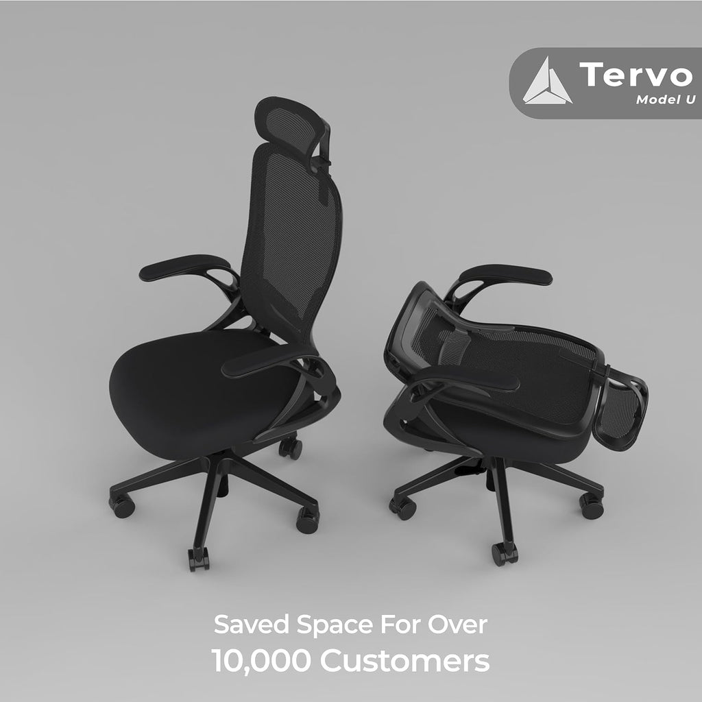 Tervo Model U | Folding Office Chair for Small Spaces | Gaming Chair for Adults & Kids | Ergonomic Mesh Computer Chair for Bedroom | Foldable Desk Chair for Home Work (Midnight Black Headrest)