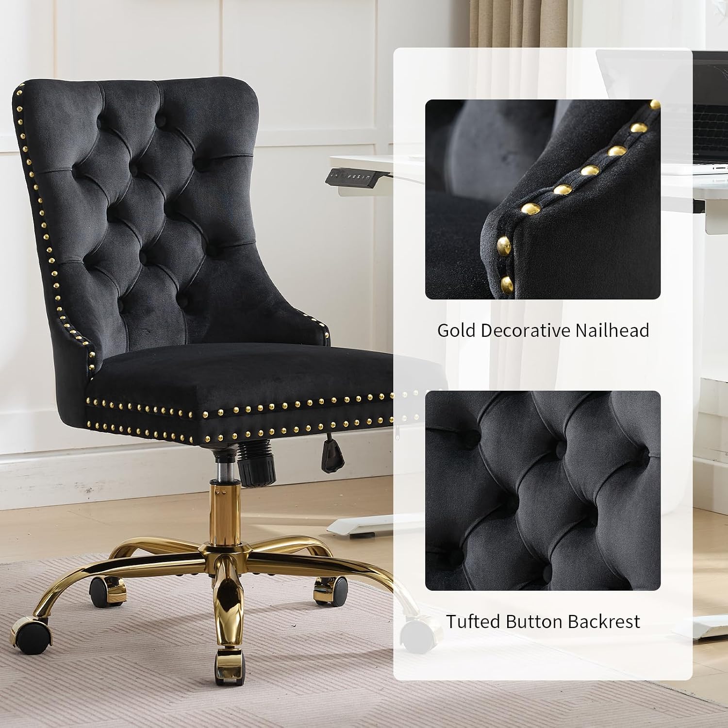 Black Velvet Armless Home Office Desk Chair with Wheels & Gold Base, Modern Comfortable Office Chair Rolling Task Chair, Upholstered Adjustable Computer Chair for Studio, Reception,Black